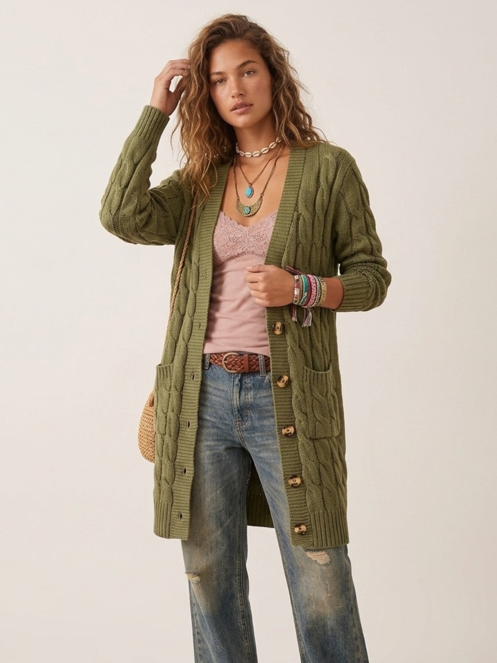 Long Olive Cable Knit Button-Front Cardigan